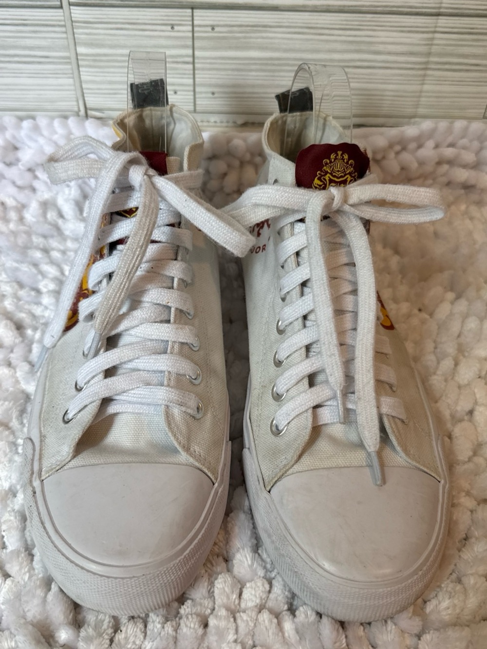White Canvas High-Top Sneakers with Burgundy Crest